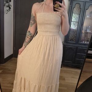 Cider Beige/Cream Halter Top Tiered Maxi Dress